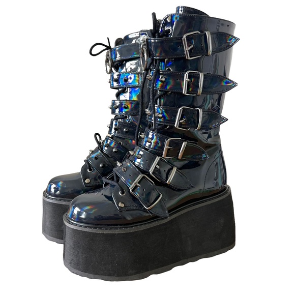 Demonia Shoes - Demonia Damned 225 Goth Raver Punk Holographic Buckle Club Platform Boots